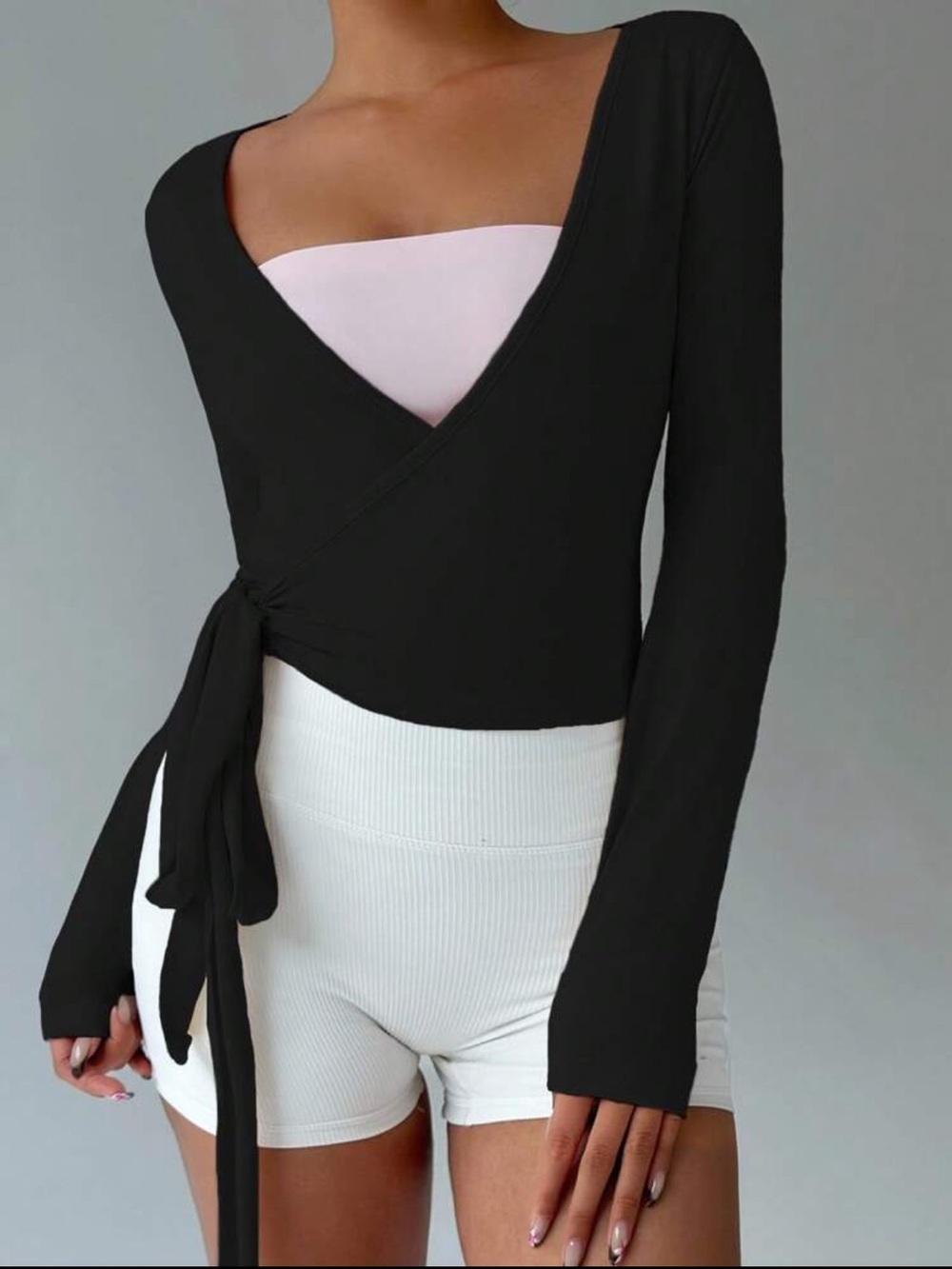Black Wrap-Front Long-Sleeve Top